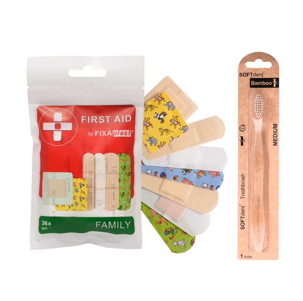 FIRST AID by FIXAplast náplasti 36ks MIX - FAMILY + zubná kefka GRÁTIS